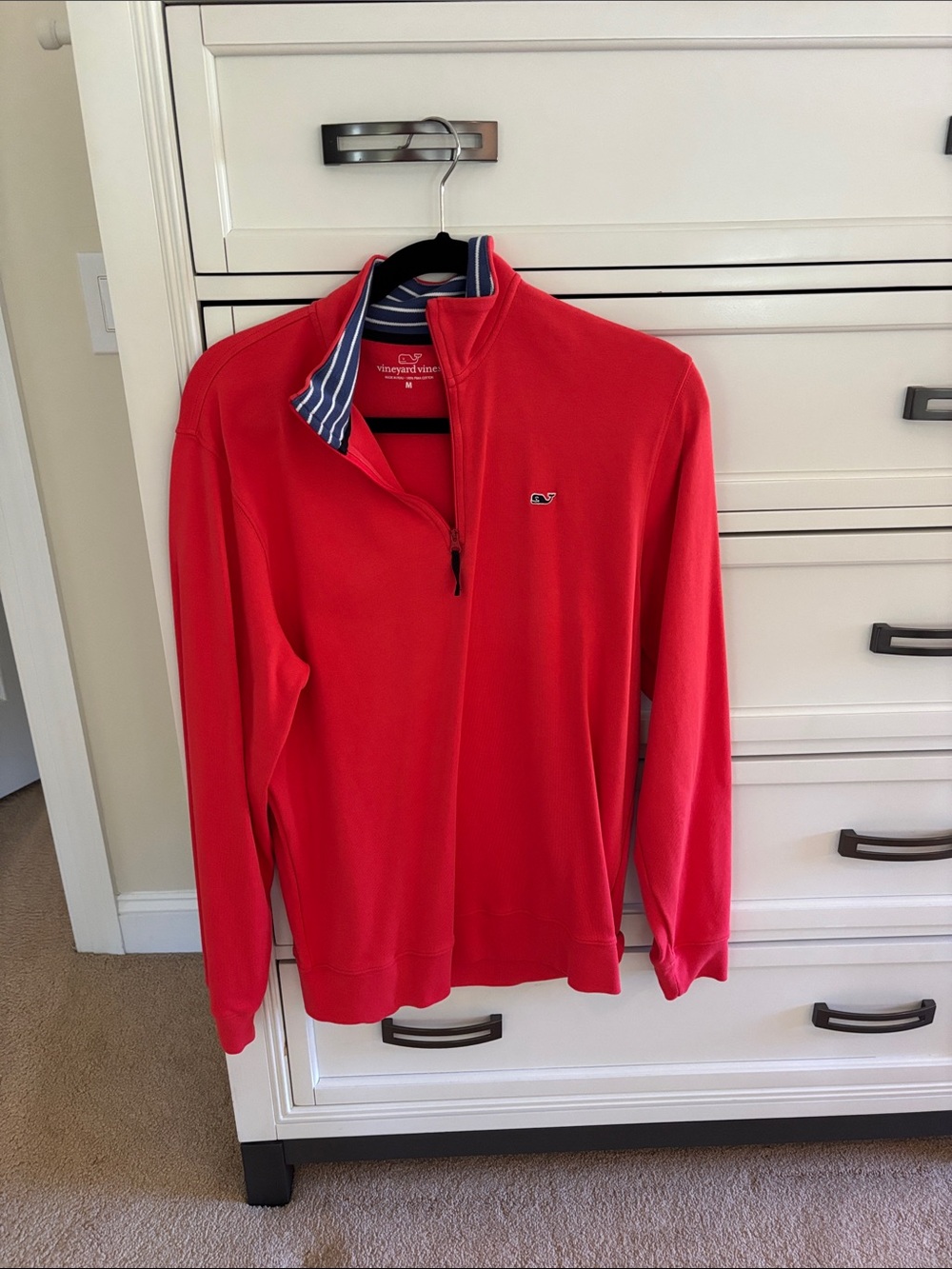 Vineyard Vines Men's Coral Quarter-Zip Sweater with Navy Striped Collar